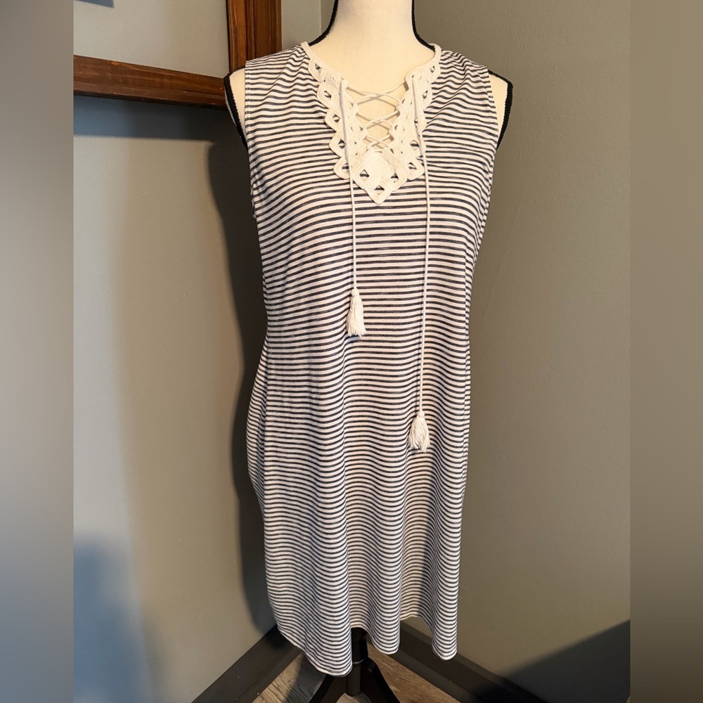 Euc Max Studio Navy and White Lace-Up tank dress sz S. Super cute.